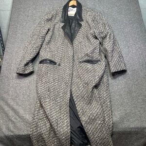 Vintage Dual Control Trench Coat Women L Gray Tweed Leather Trim Long Jacket 70s